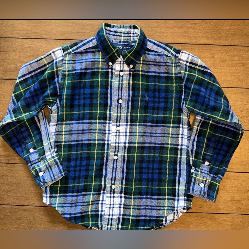 Ralph Lauren Boys Size 6 Plaid Long Sleeve Button Down Shirt Green Blue